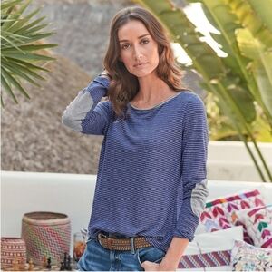 Sundance Striped Long Sleeve Shirt, Green/Navy Raw Hem Neckline Size S